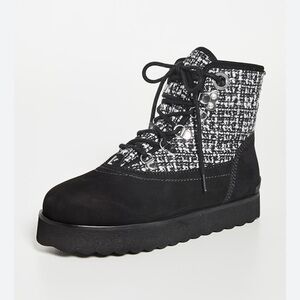 Larroude Vail Ankle Boot Water Resistant Shoe Black White Tweed Leather